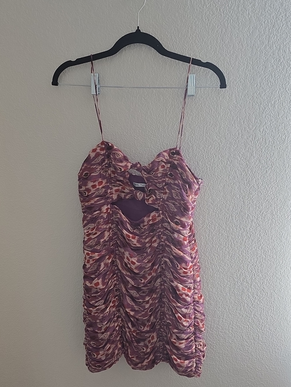 Zara Purple Ruched Floral Spaghetti-Strap Mini Dress
